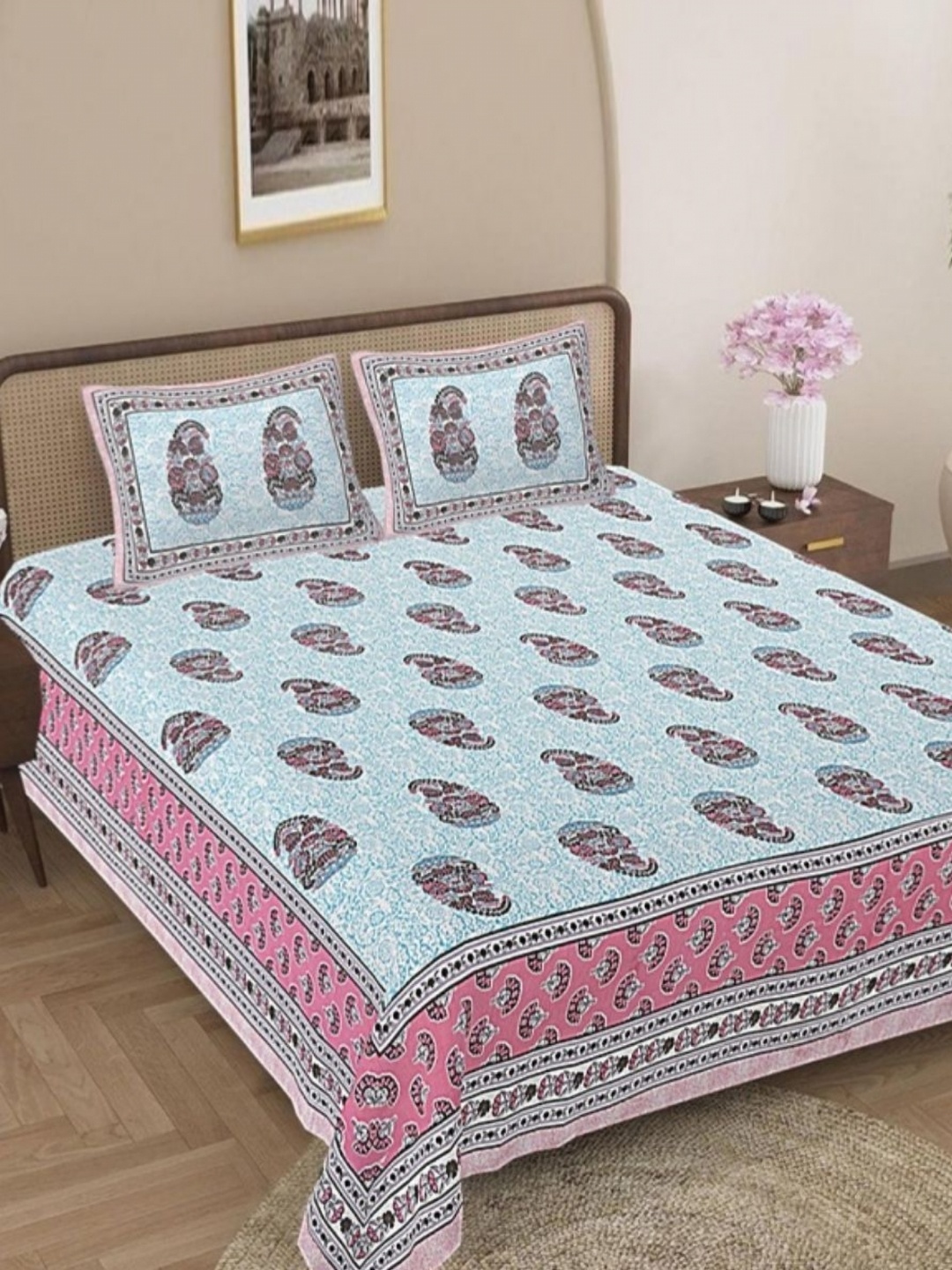 

Jaipur Weaves Blue & Pink Ethnic Motifs 180 TC Cotton King Bedsheet Set 2.74 m x 2.74 m