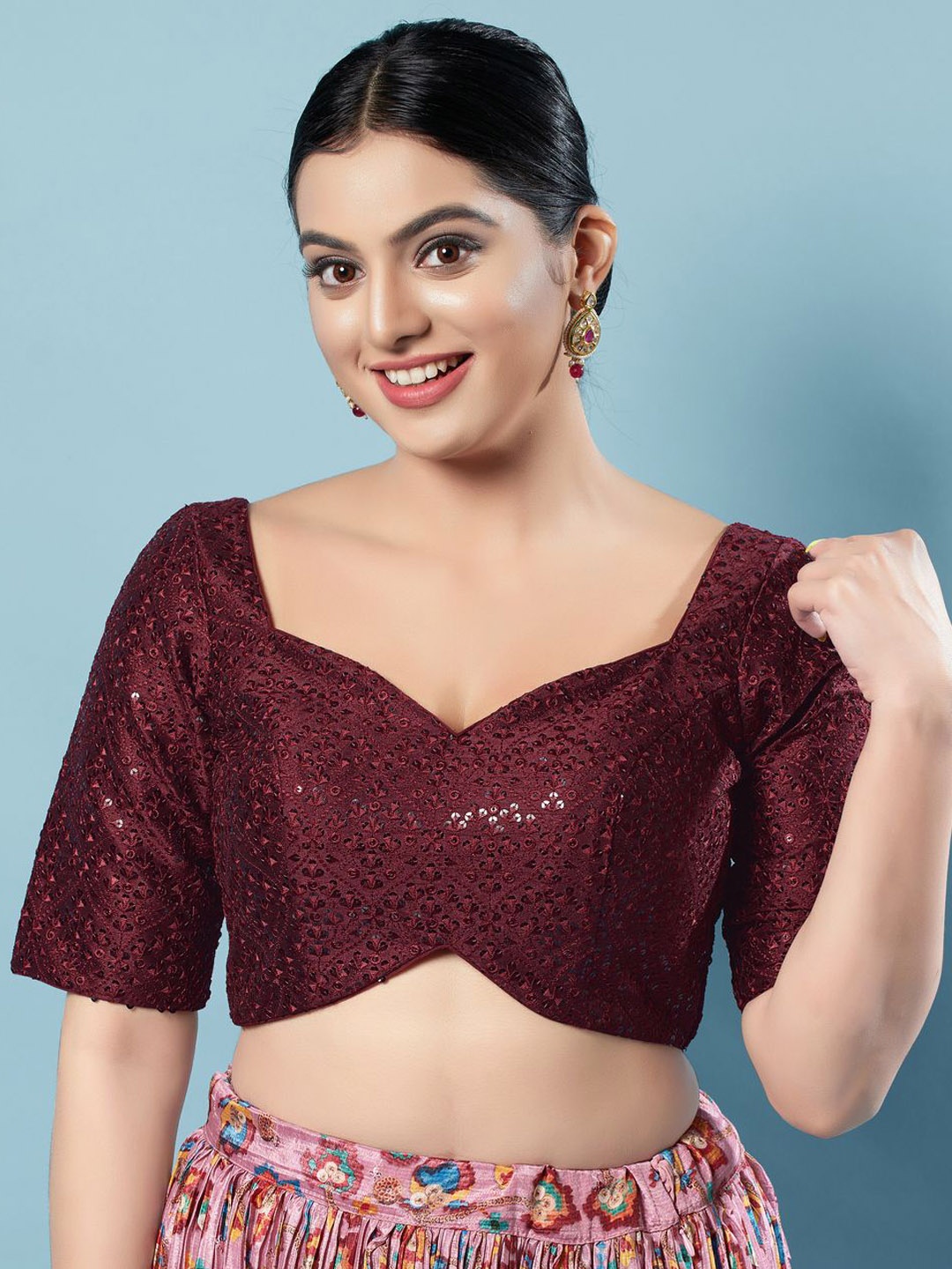 

VAMAS - THE DESIGNER BLOUSES Embroidered Silk Sweetheart Neck Padded Saree Blouse, Maroon