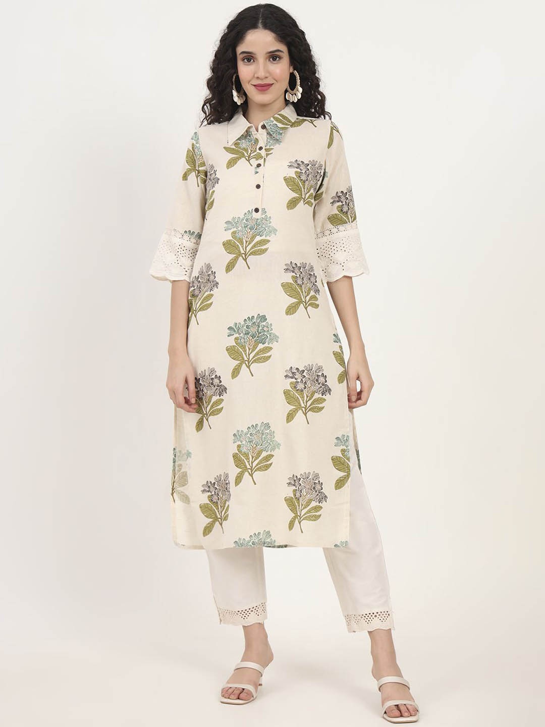 

KALINI Women Floral Printed Thread Work Floral Kurta, Green