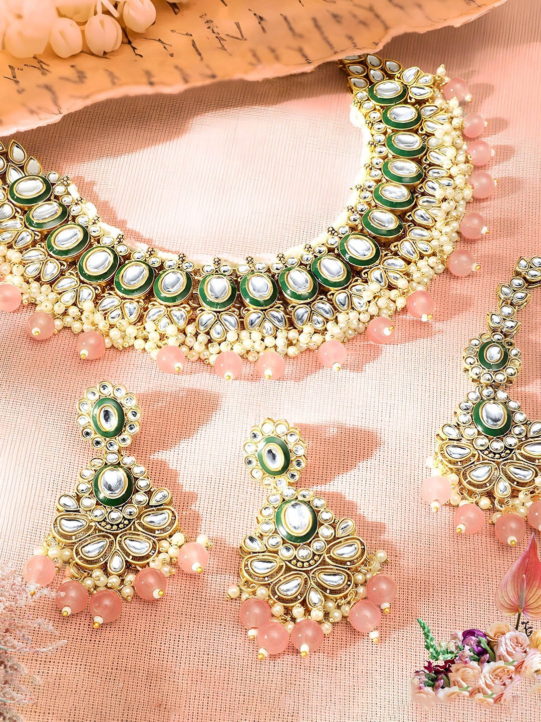 

OrangeNysha 22K Gold-Plated Kundan & Pearl Beaded Jewellery Set, Pink