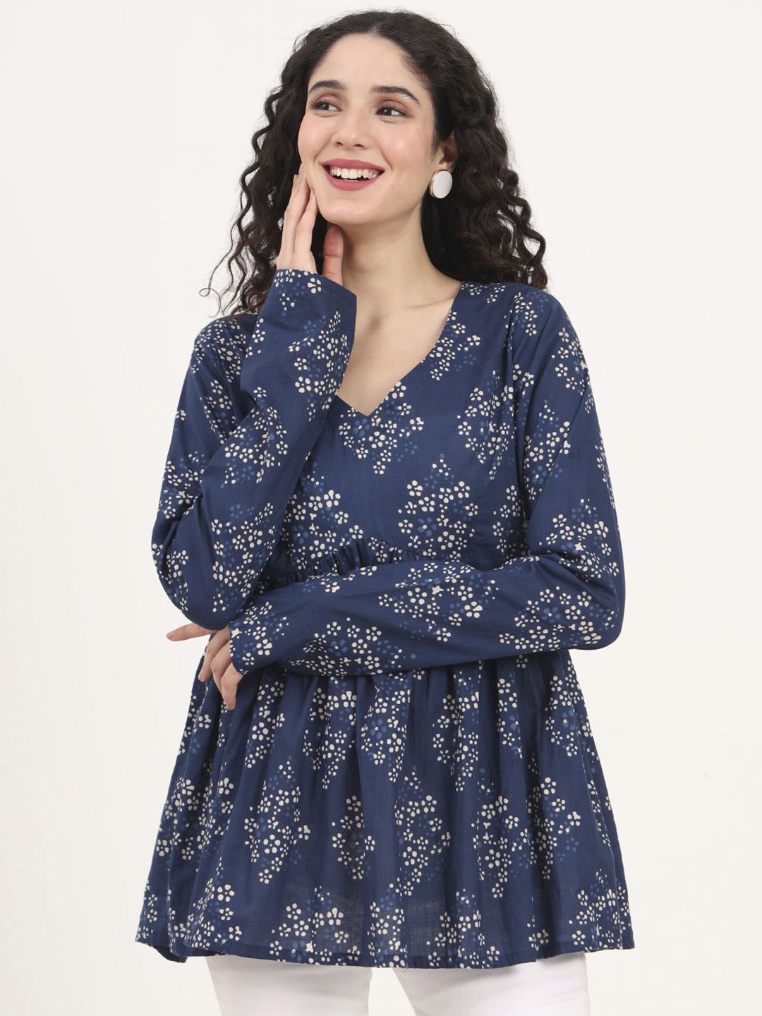 

KALINI Floral Print Cotton Top, Blue