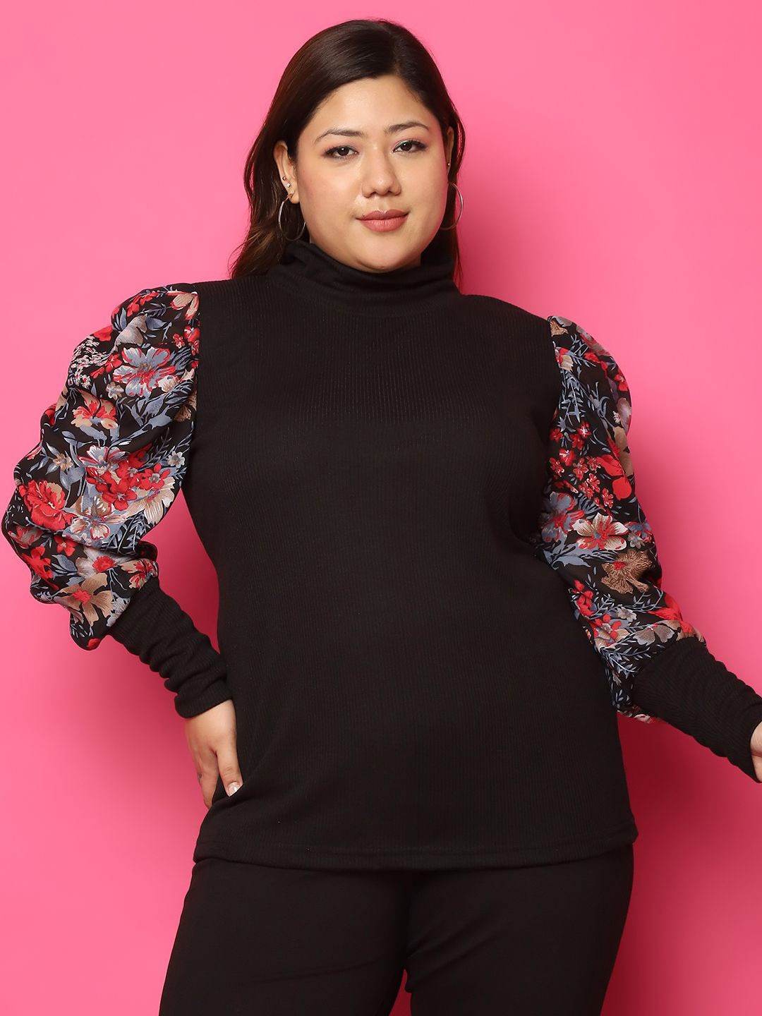 

theRebelinme Floral Puff Sleeve Cotton Top, Black