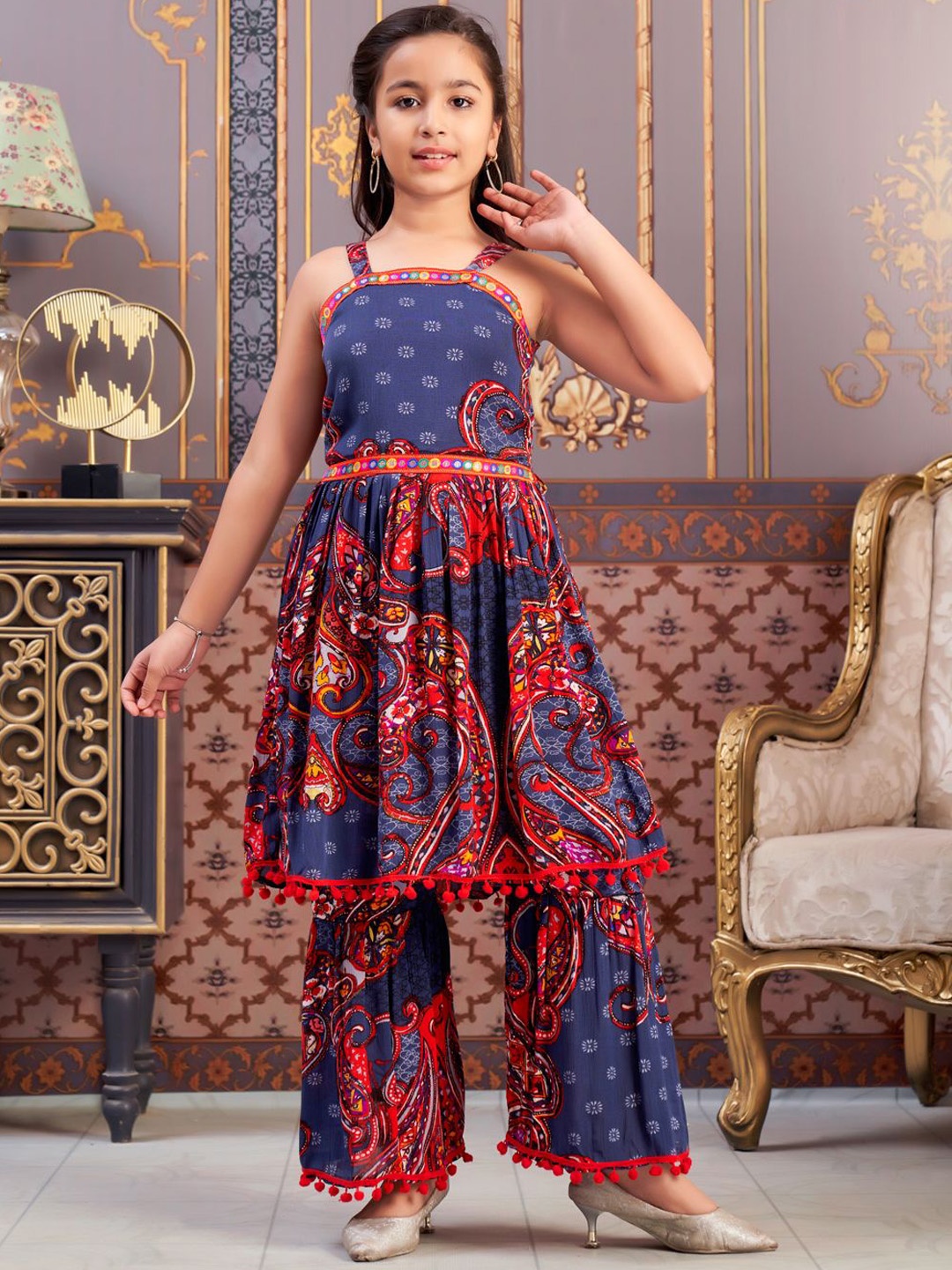 

Sangria Girls Printed Kurta Sharara Set, Navy blue
