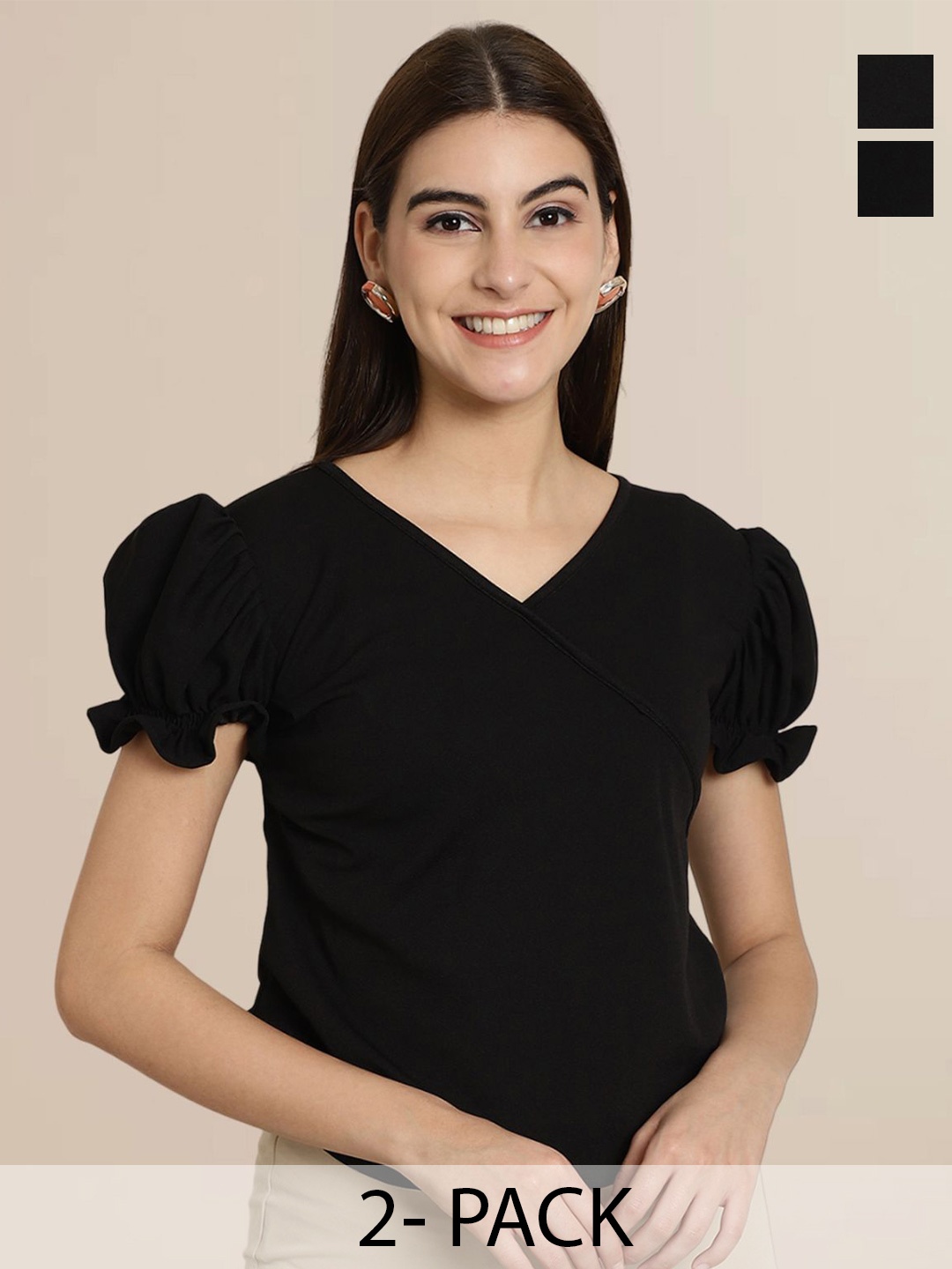 

Tromko Women Pack Of 2 Puff Sleeve Top, Black