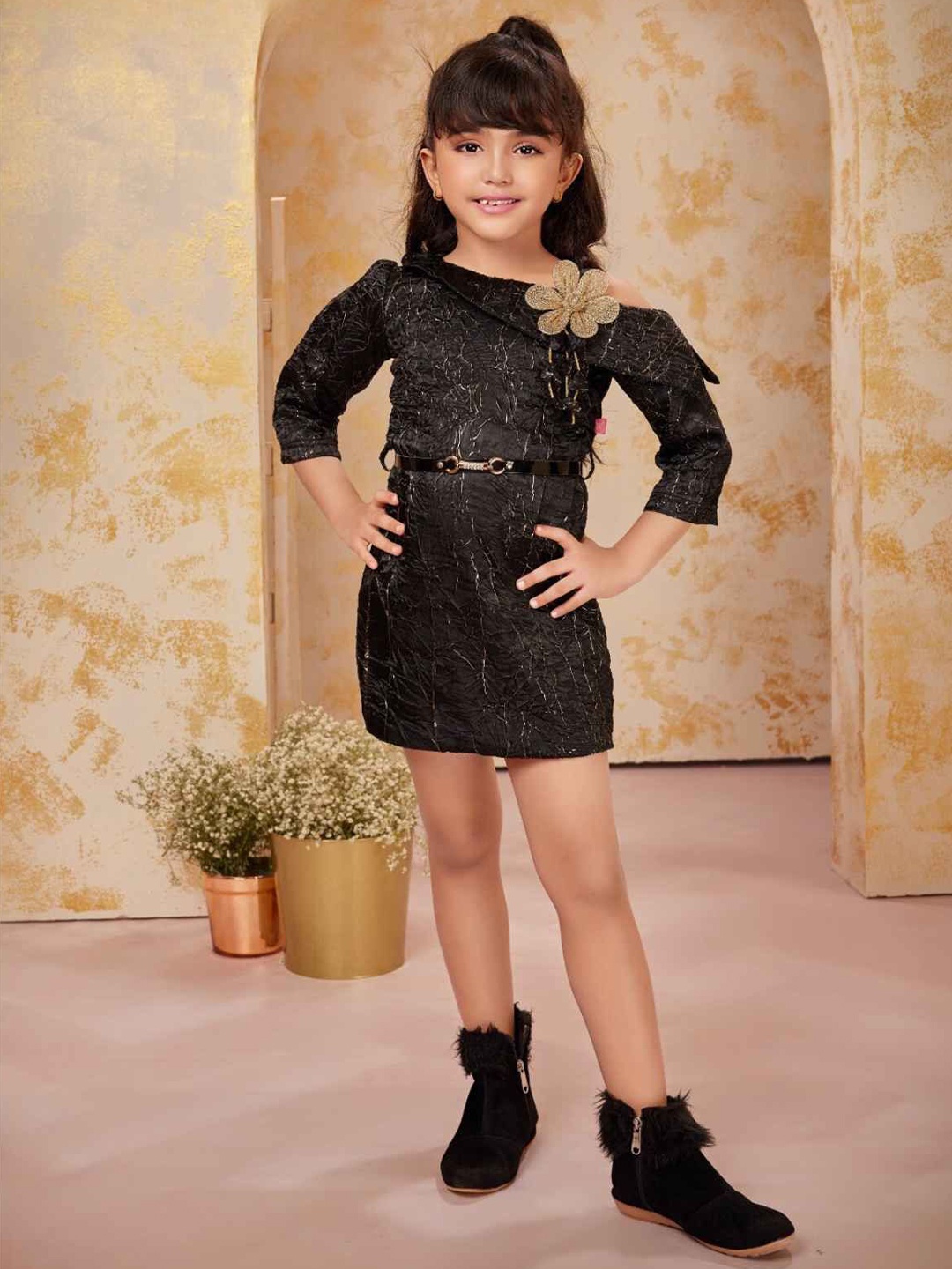 

Lagorii Girls Classic 3/4th Sleeves With Floral Embellished Dress Black