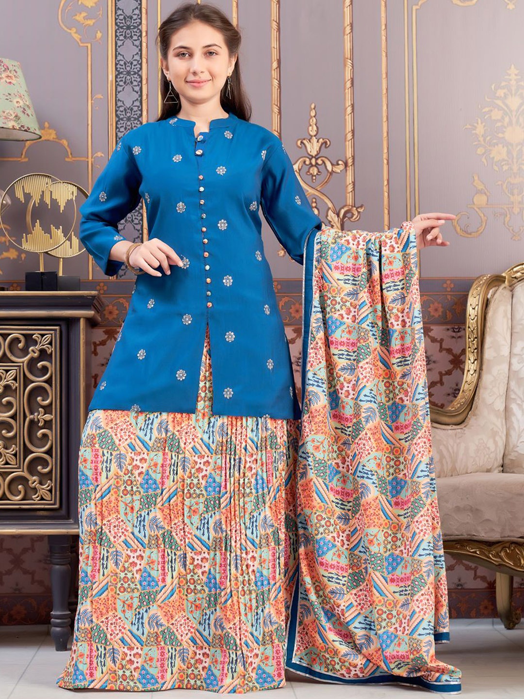 

BAESD Girls Floral Embroidered Mandarin Collar Pure Silk Kurta With Skirt & Dupatta, Turquoise blue
