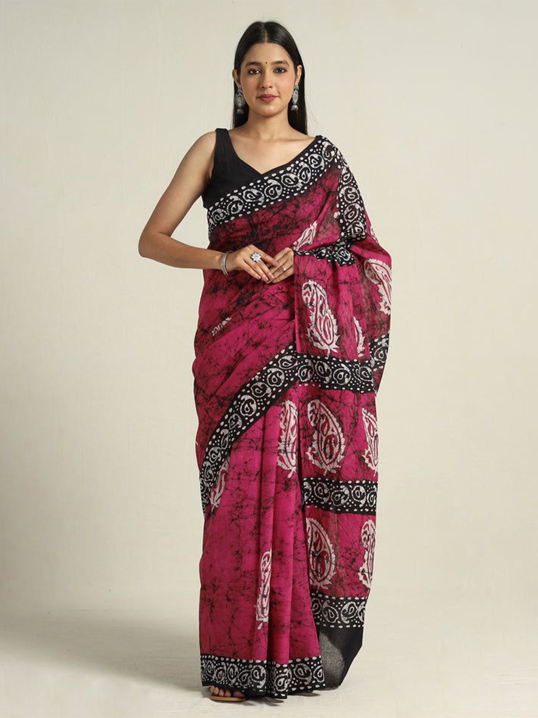 

iTokri Batik Pure Cotton Block Print Saree, Pink