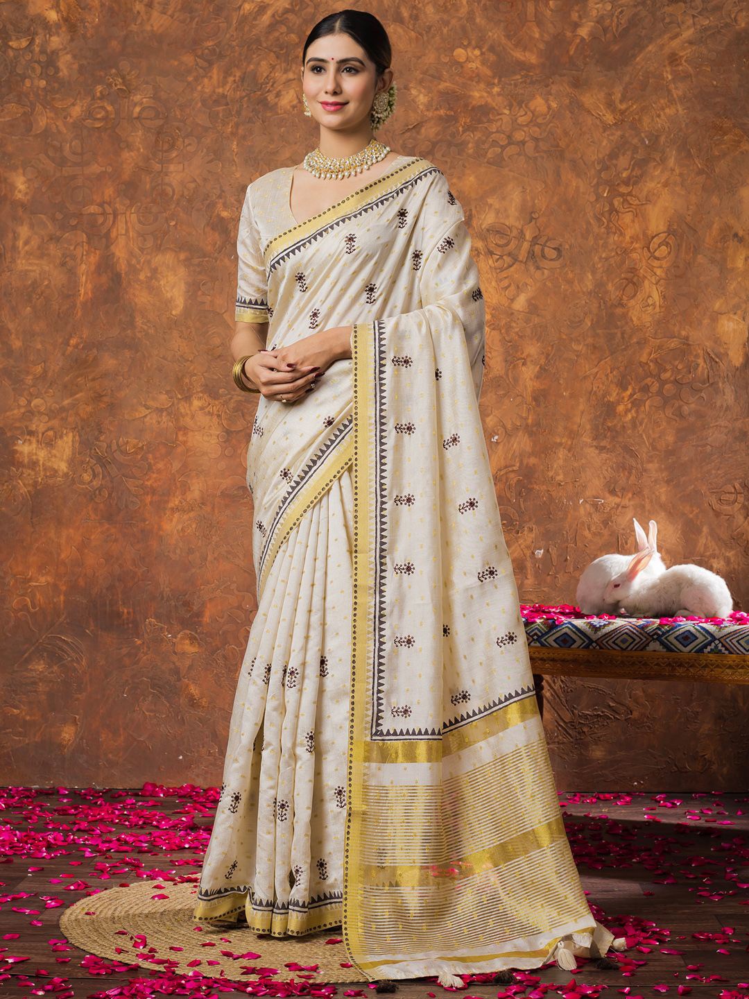 

Saree mall Woven Design Zari Linen Blend Kasavu Sarees, Cream