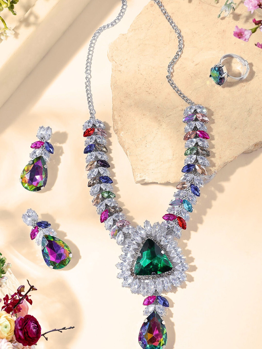 

OrangeNysha Rhodium Plated Crystal AD Gemstone-Studded Jewelry Set With Ring, Multi