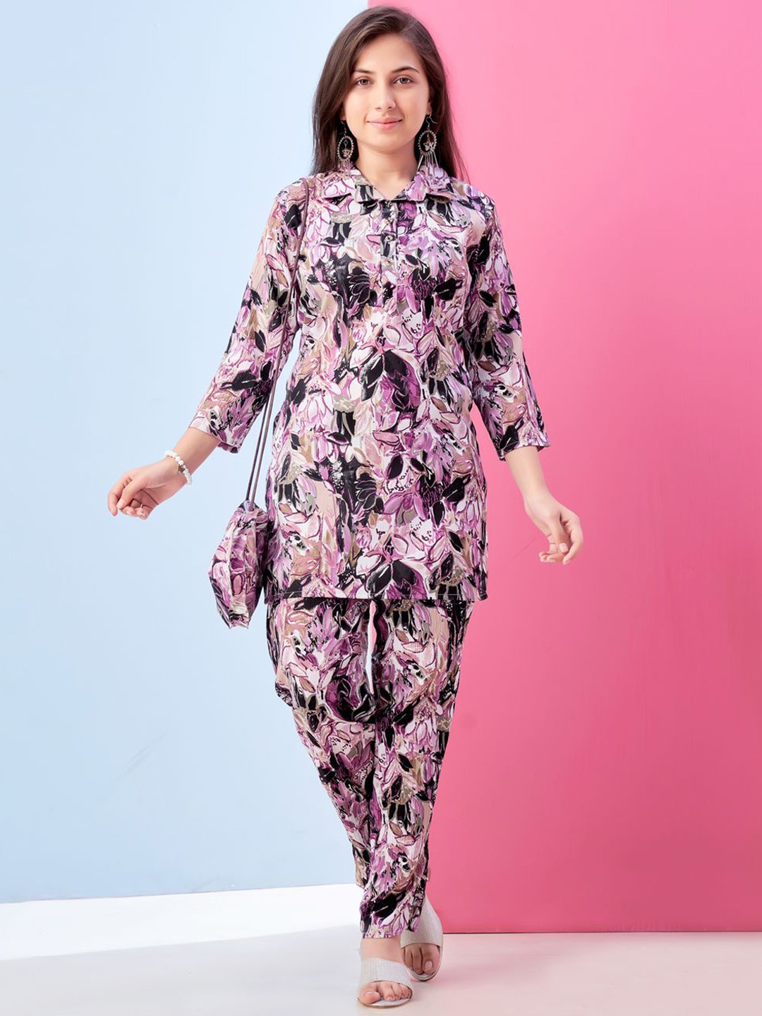 

BAESD Girls Floral Printed Shirt Collar Straight Kurta & Trousers, Pink