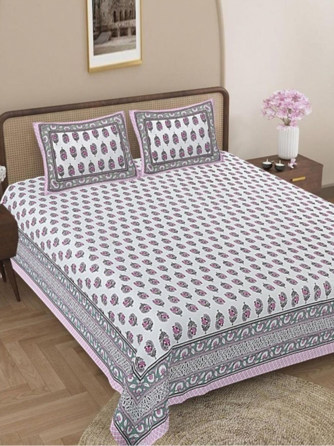 

Jaipur Weaves White & Pink Ethnic Motifs 180 TC Cotton King Bedsheet Set 2.74 m x 2.74 m