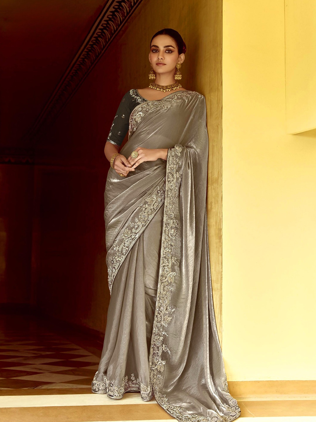 

House of D&S Sequinned Organza Saree, Silver