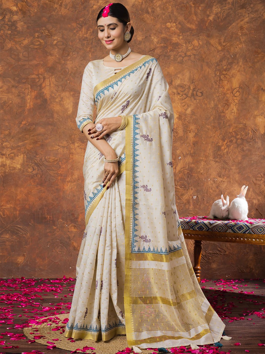 

Saree mall Woven Design Zari Linen Blend Kasavu Sarees, Cream