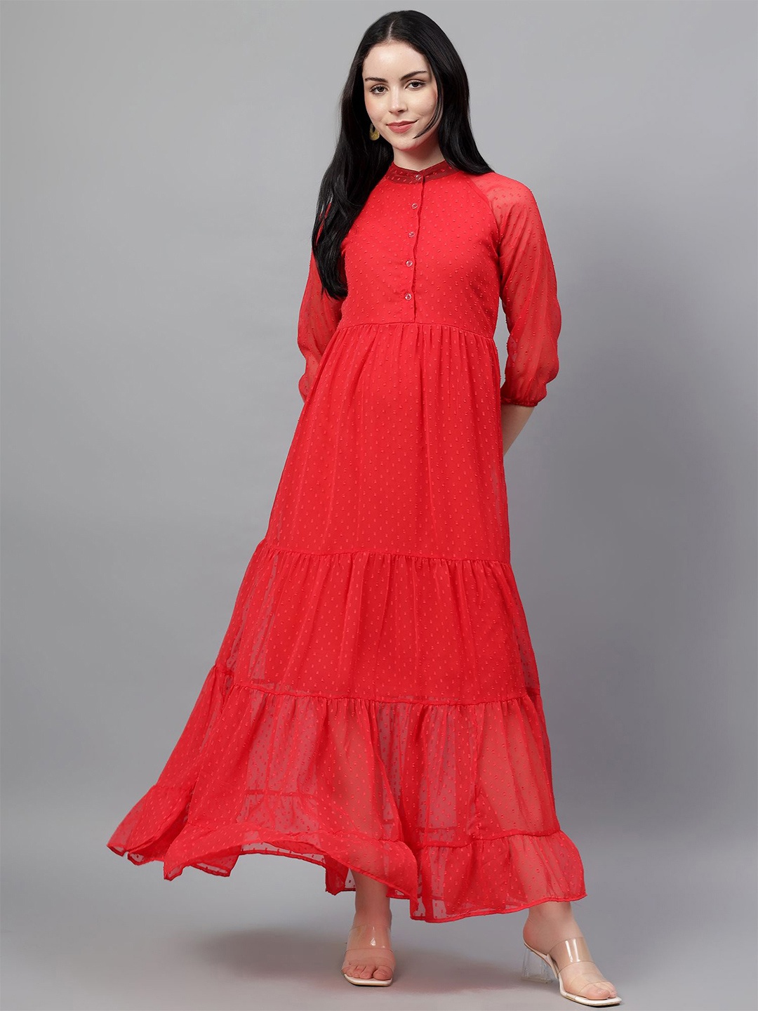 

Bright Nex Puff Sleeve Fit & Flare Maxi Dress, Red