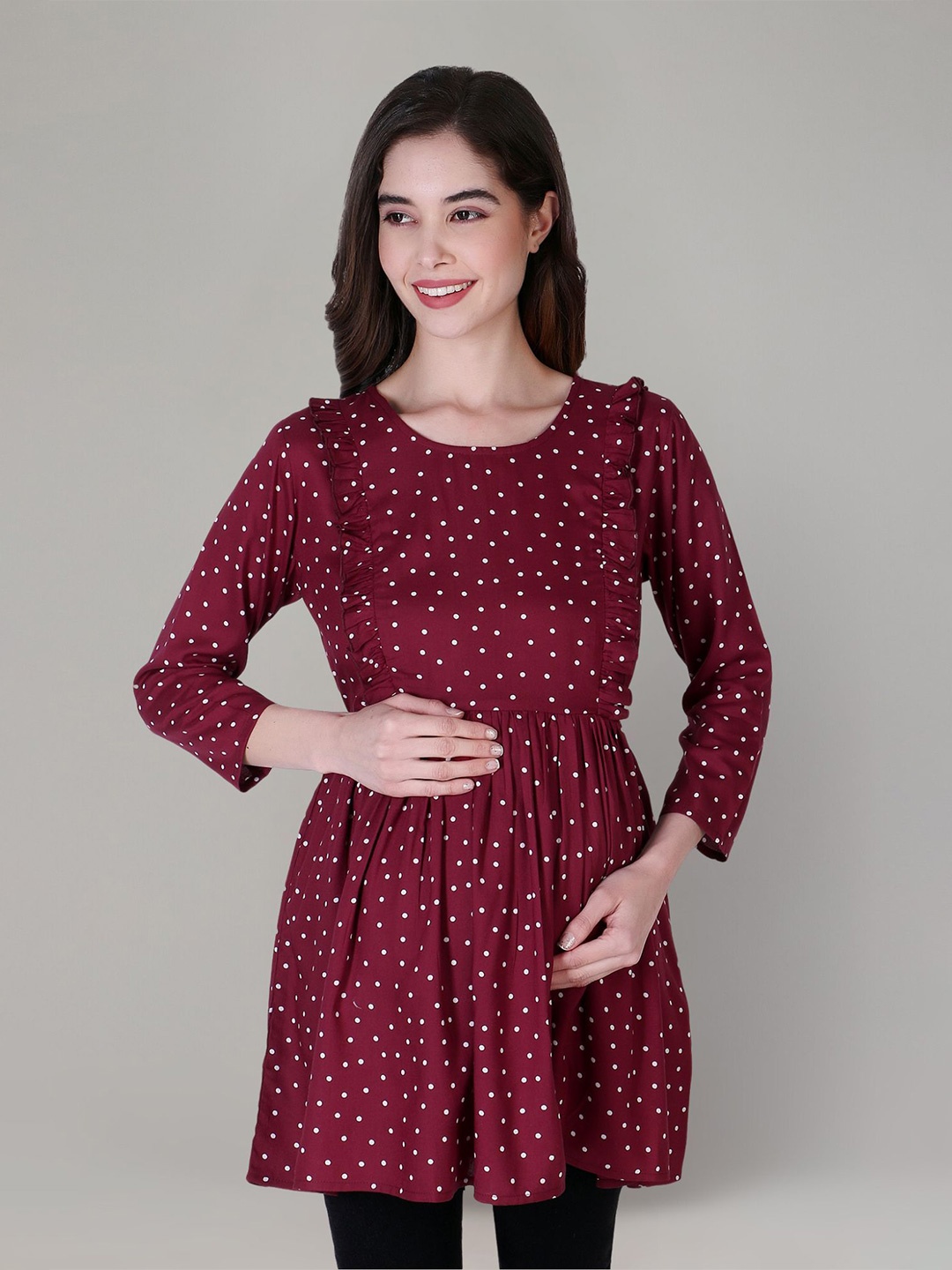 

Zuvino Women Polka Dot Print Longline Top, Burgundy