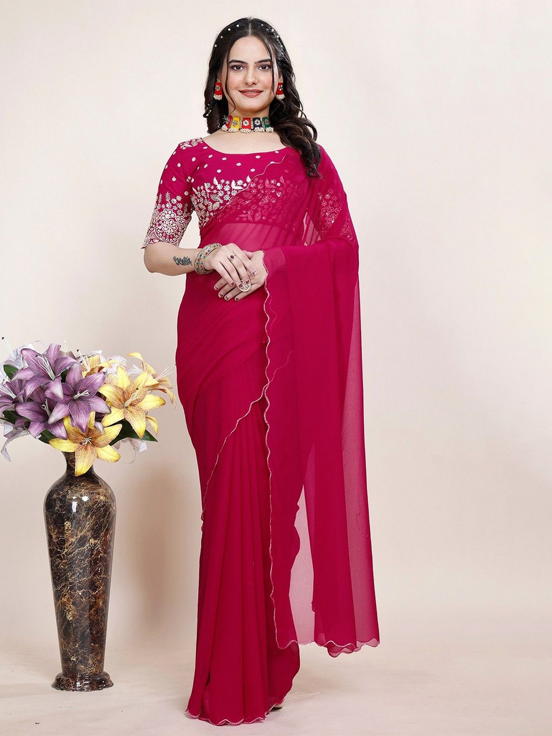 

K 5 Fashion Embroidered Pure Georgette Saree, Pink