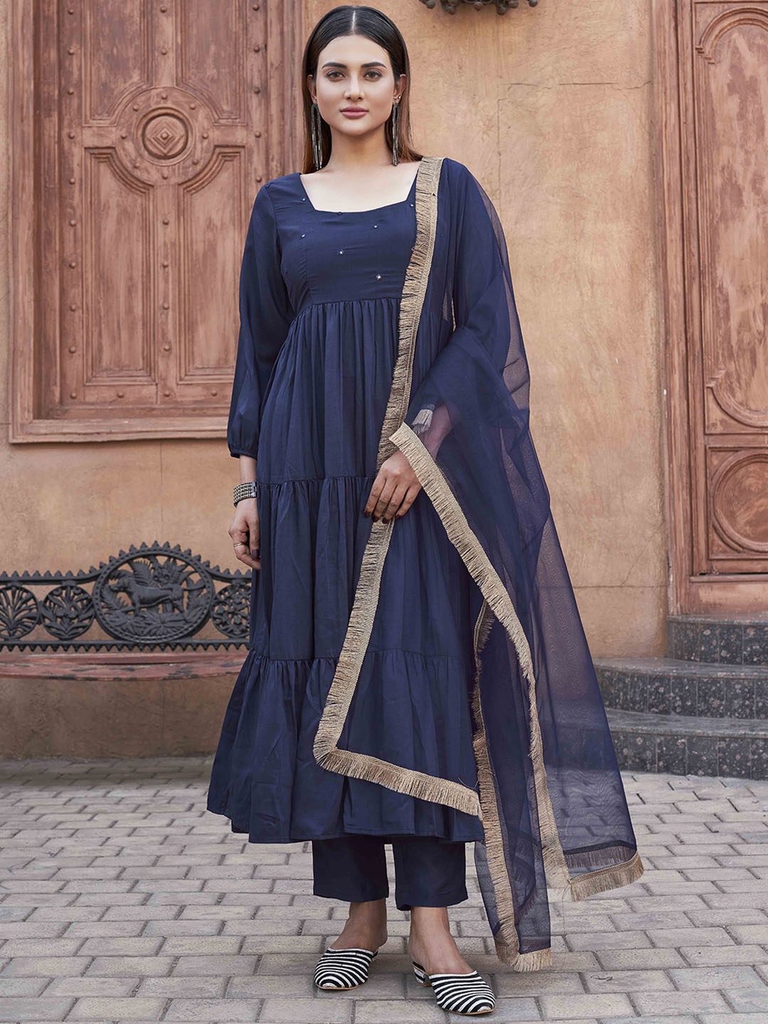 

Tikhi Imli Women Embroidered Tiered Mirror Work Kurta with Trousers & With Dupatta, Navy blue