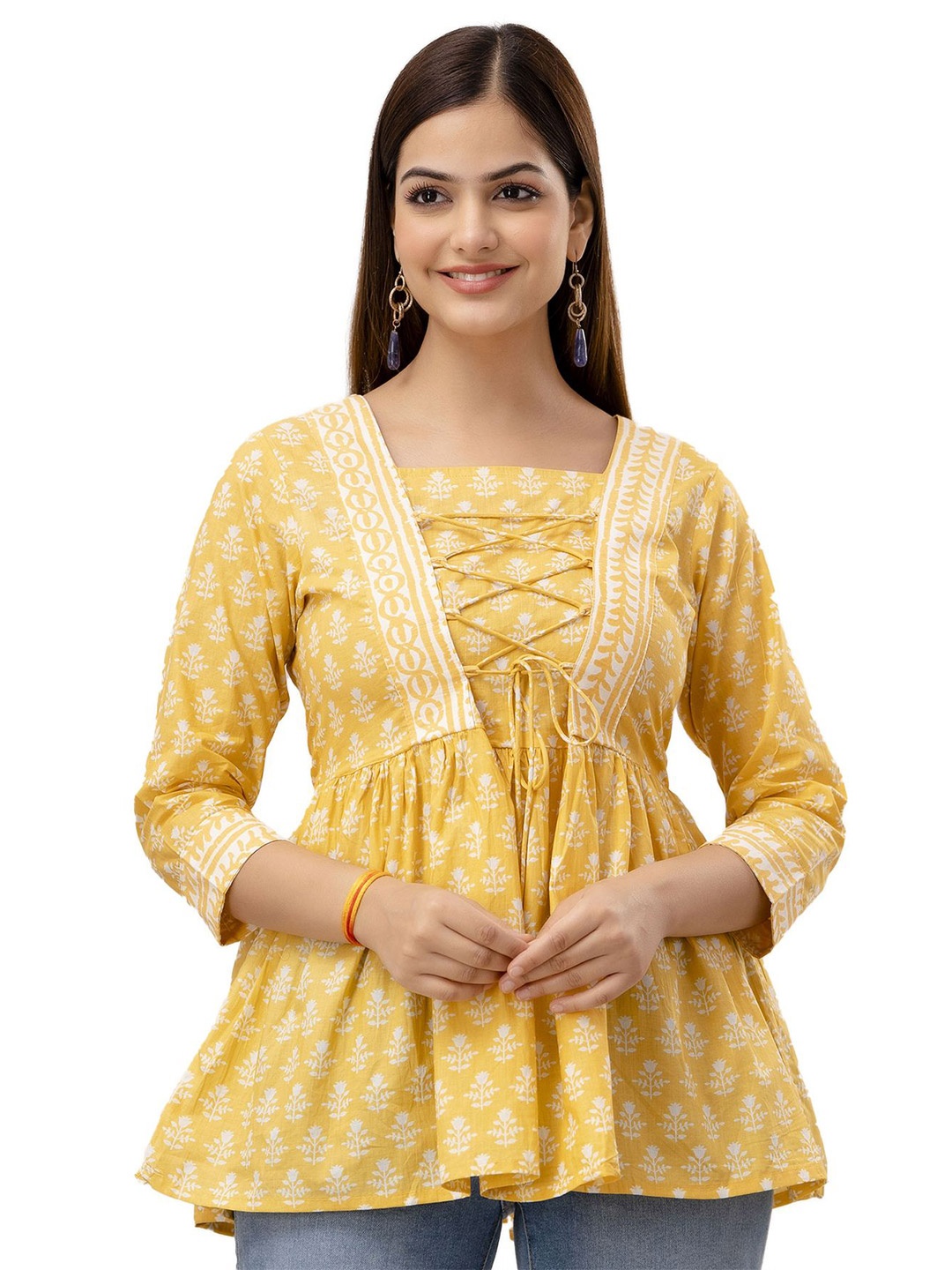

DMP FASHION Floral Print Bell Sleeve Cotton Cinched Waist Top, Yellow