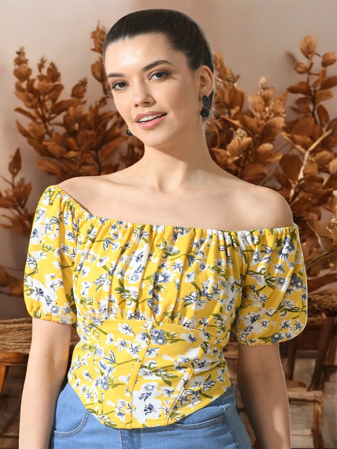 

Arbiter Collection Off-Shoulder Puff Sleeve Crop Top, Yellow