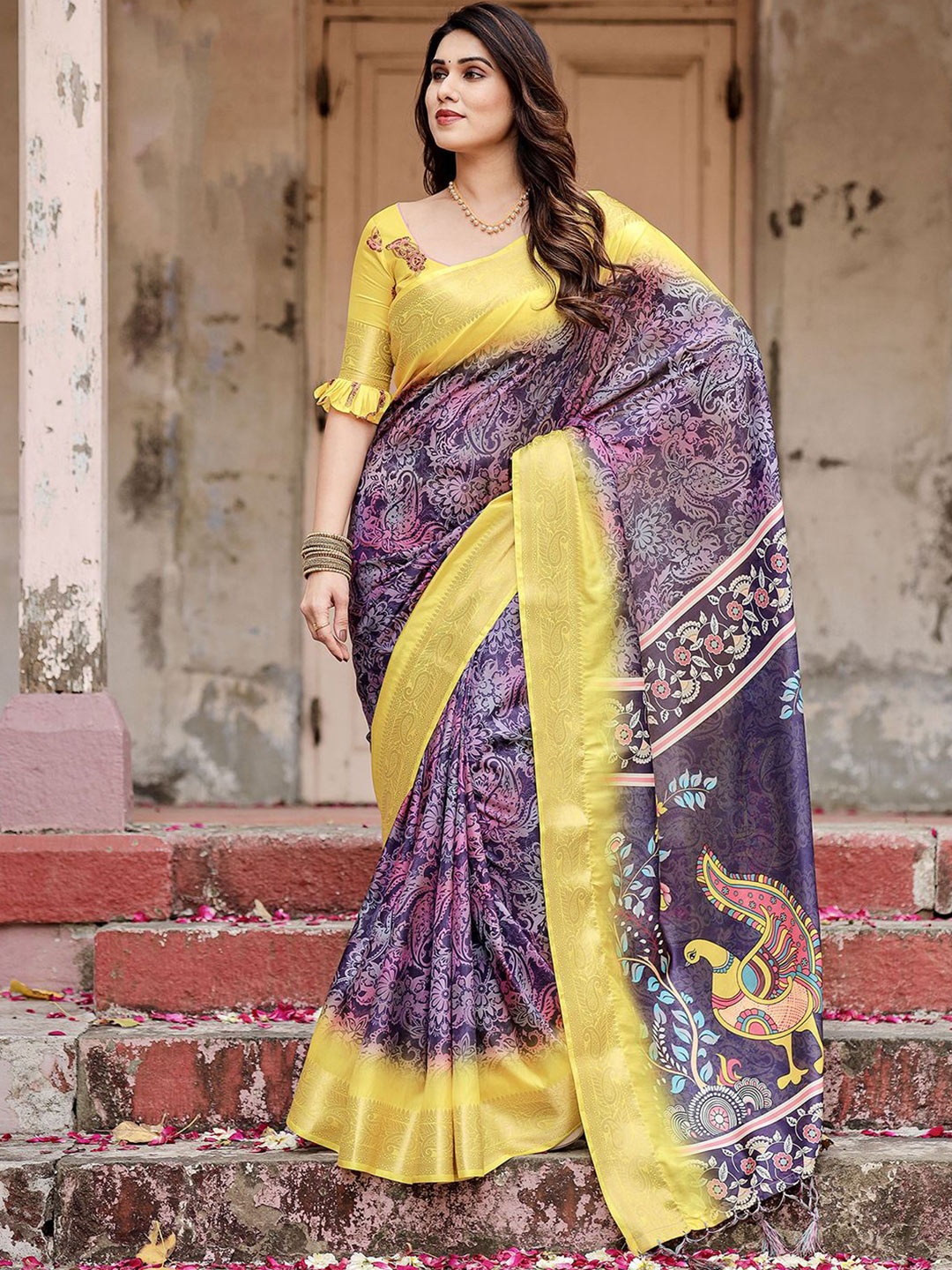 

DIVASTRI Kalamkari Zari Paithani Saree, Navy blue