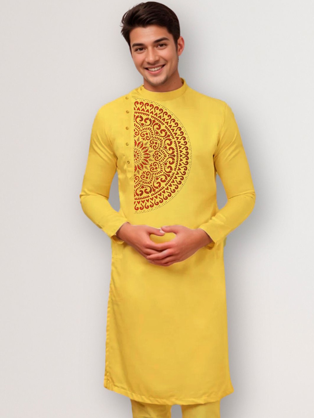 

DEVOILER Men Ethnic Motifs Printed Thread Work Kurta, Mustard