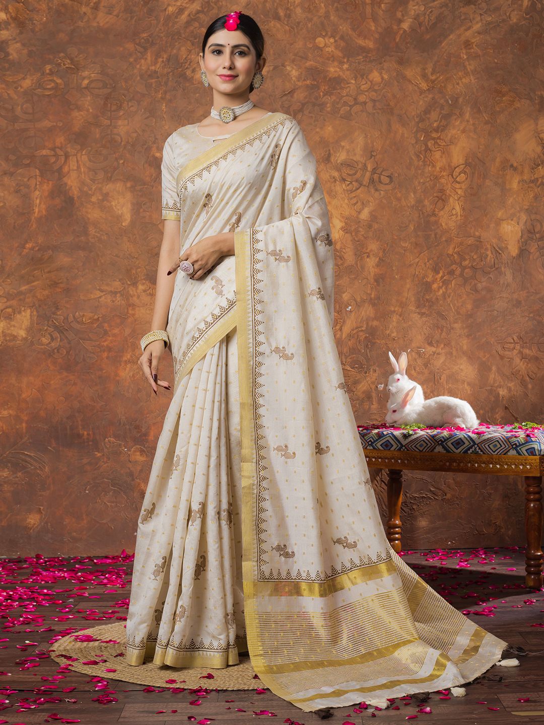 

Saree mall Woven Design Zari Kasavu Sarees, Cream