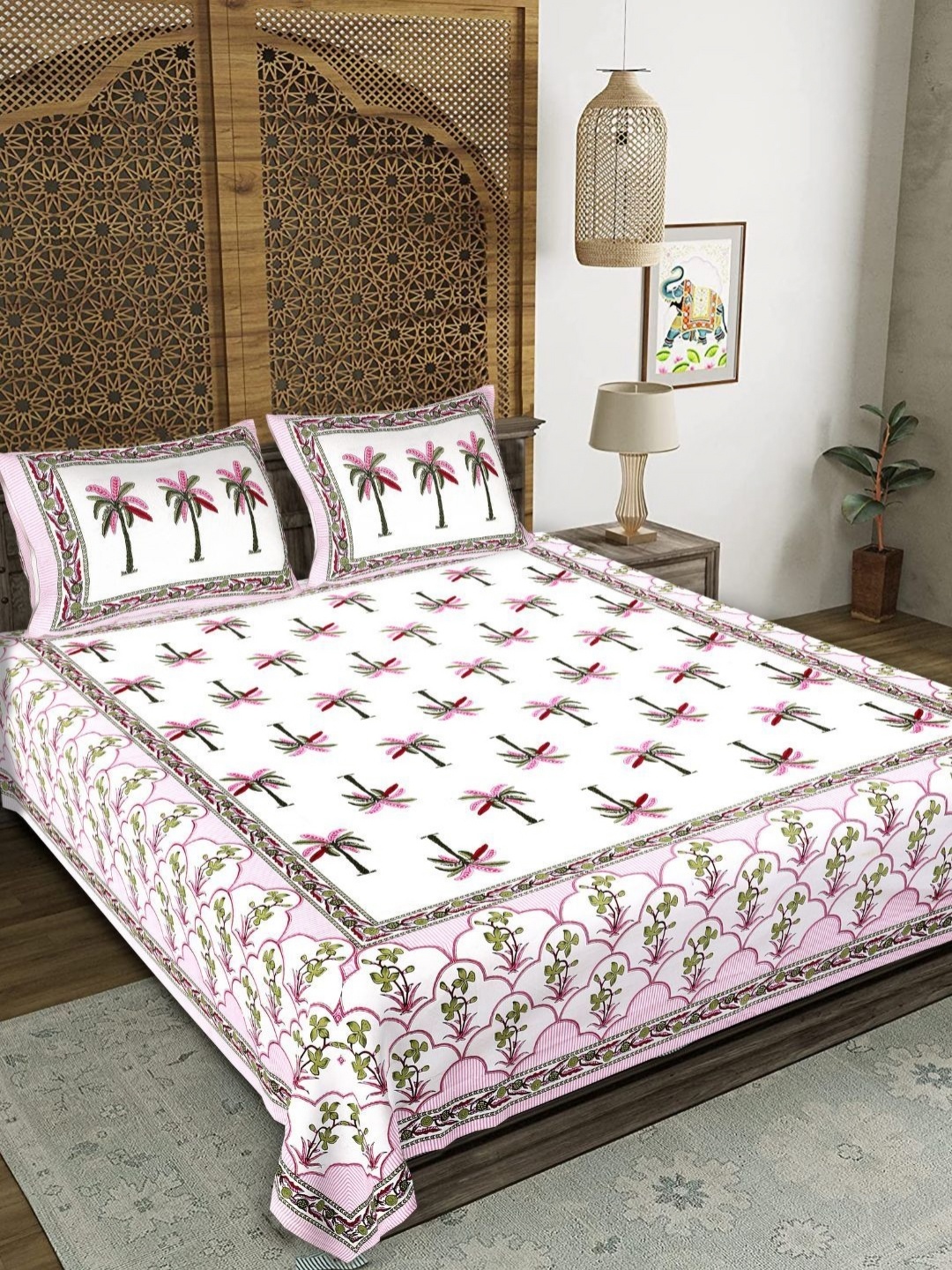 

COLOURSBLOCK White & Green Floral 180 TC King Bedsheet with 2 Pillow Covers
