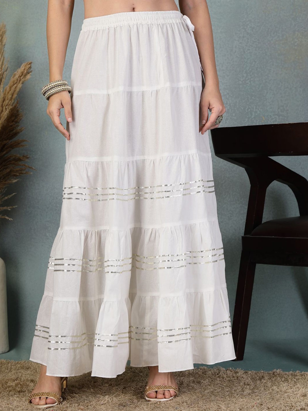 

Clora Creation High Rise Gotta Patti Pure Cotton Flared Maxi Skirt, White
