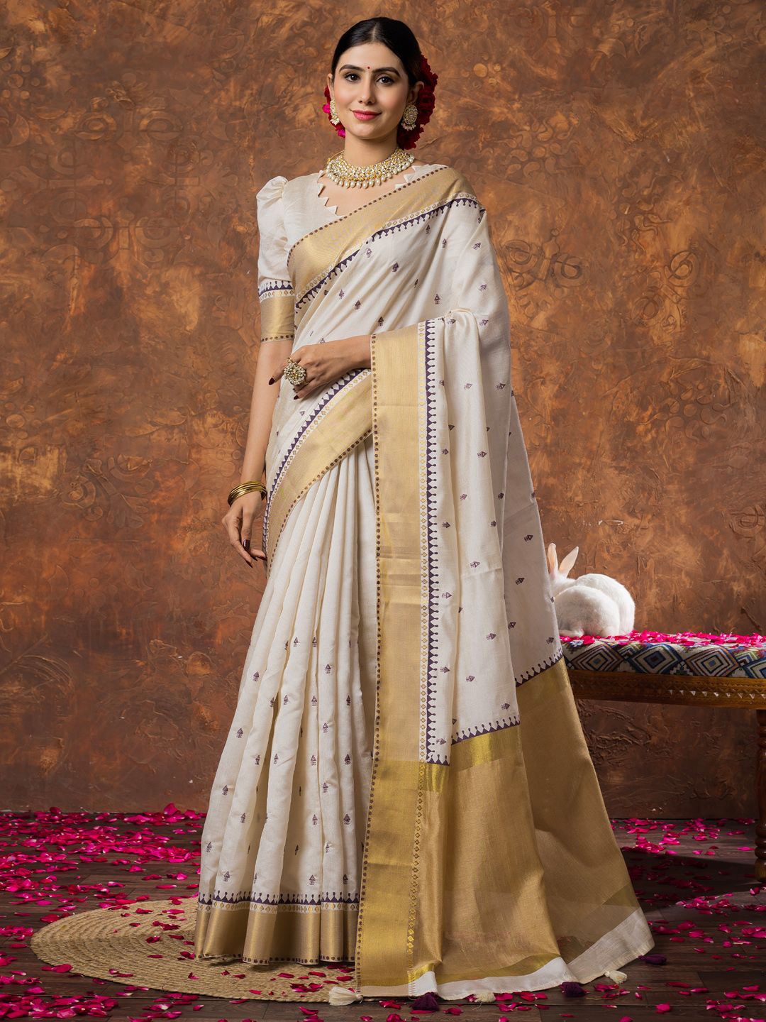 

Saree mall Woven Design Zari Linen Blend Kasavu Sarees, Cream