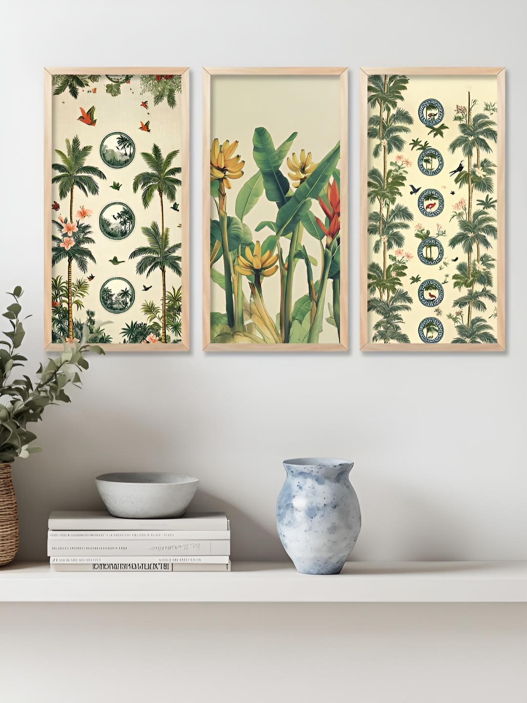 

WALLLANE Beige & Green 3 Piece Wood Abstract Wall Paintings