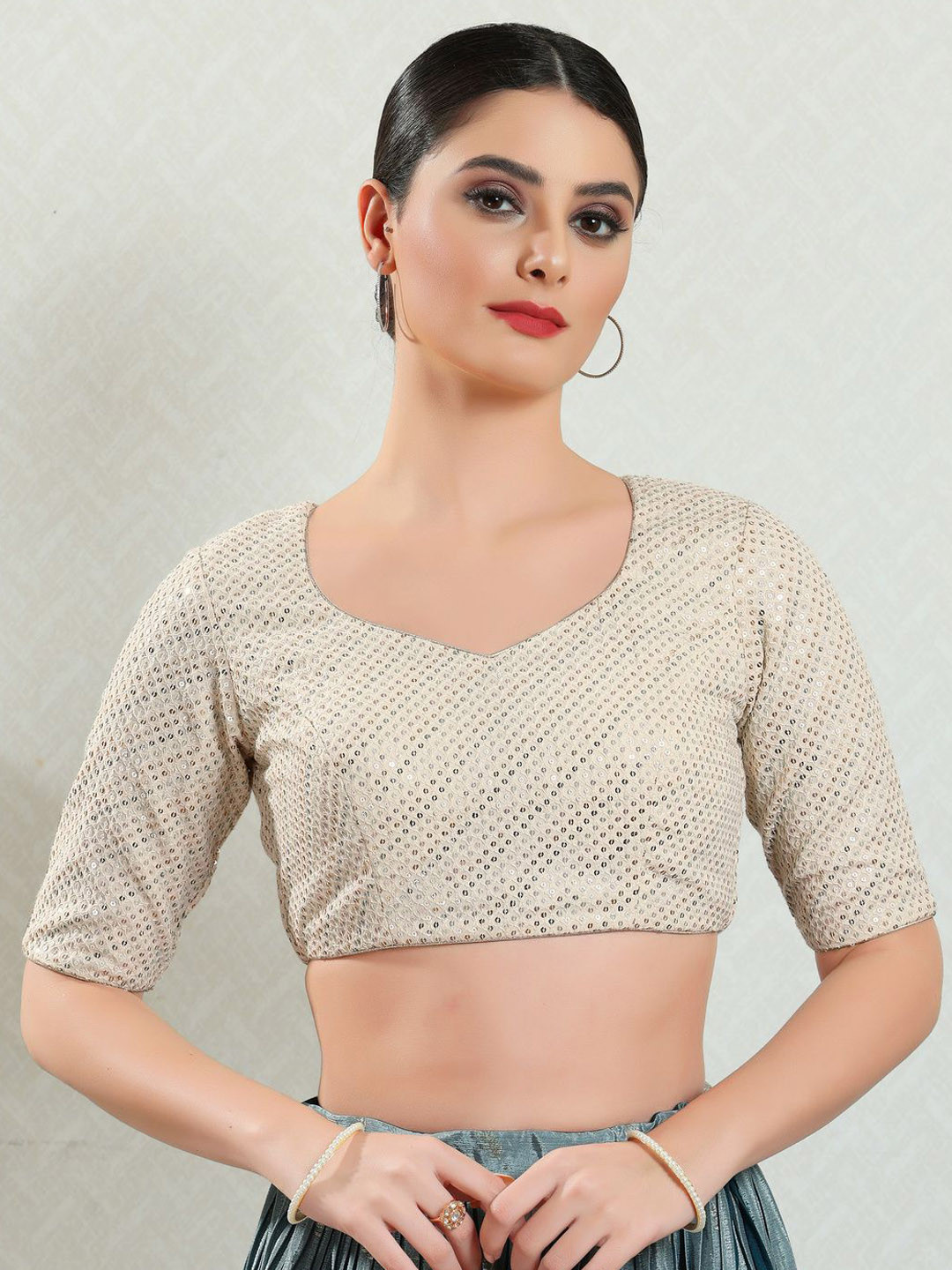 

VAMAS - THE DESIGNER BLOUSES Embroidered Round Neck Padded Saree Blouse, Cream