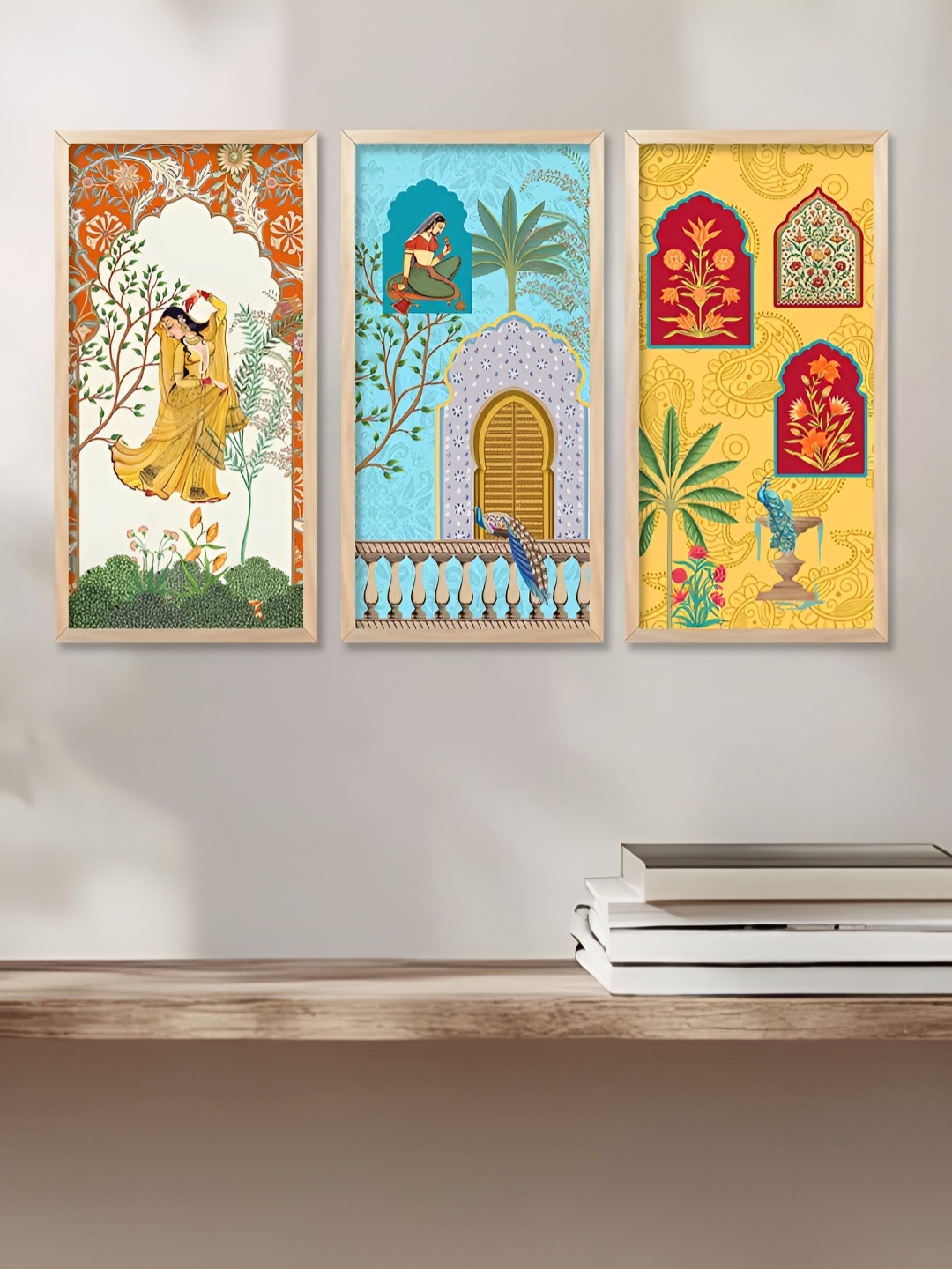 

WALLLANE Yellow & Red 3 Piece Wood Floral and Botanical Wall Paintings