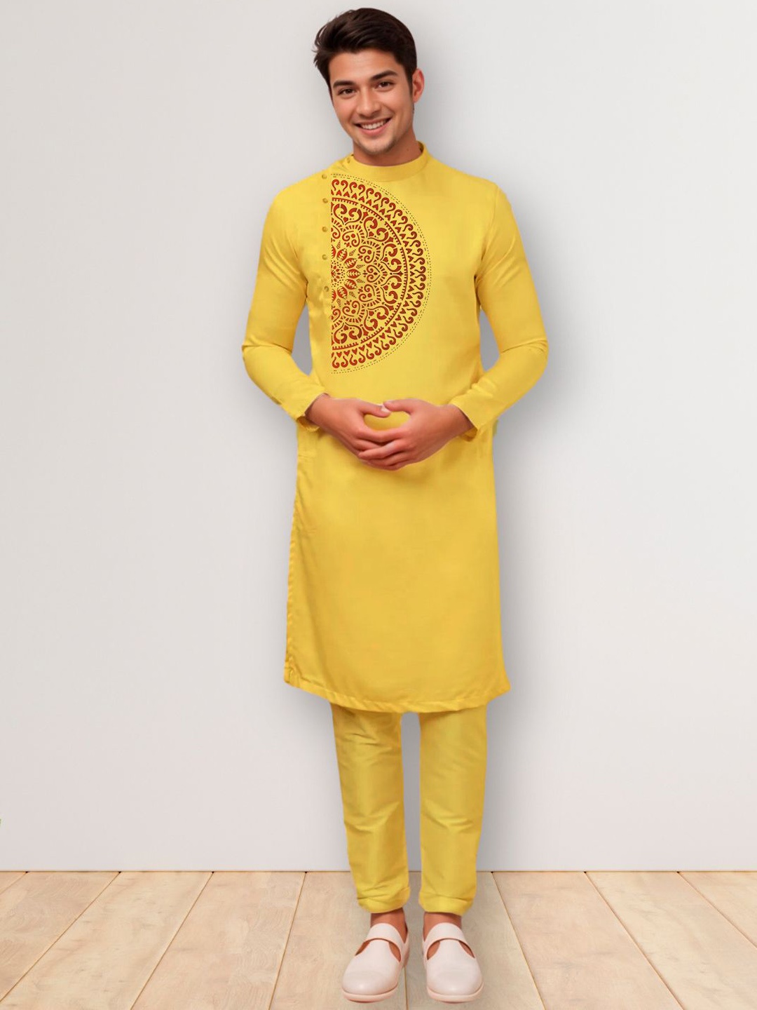 

DEVOILER Men Ethnic Motifs Printed Thread Work Kurta, Mustard