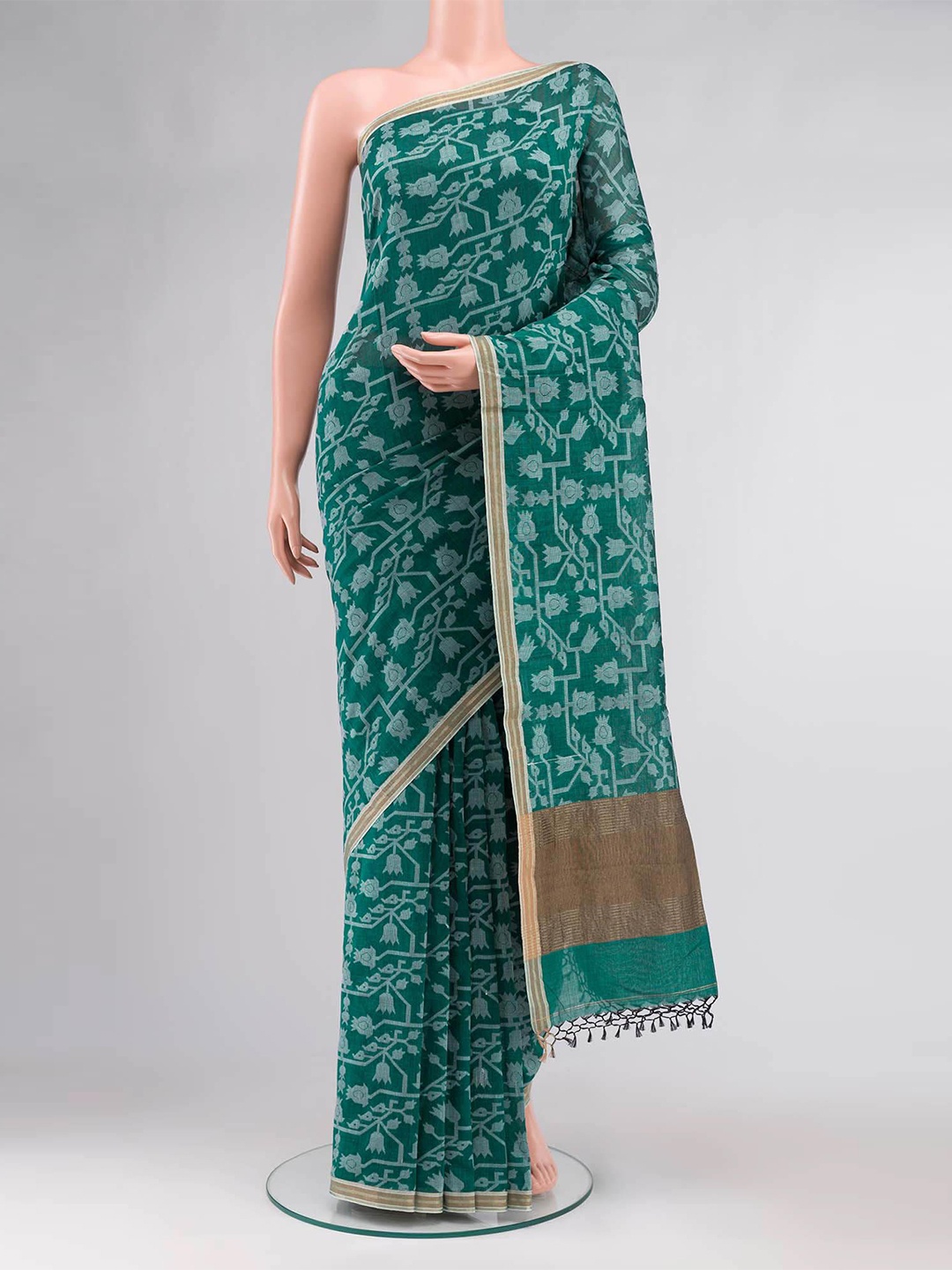 

Nalli Floral Printed Pure Cotton Saree, Green
