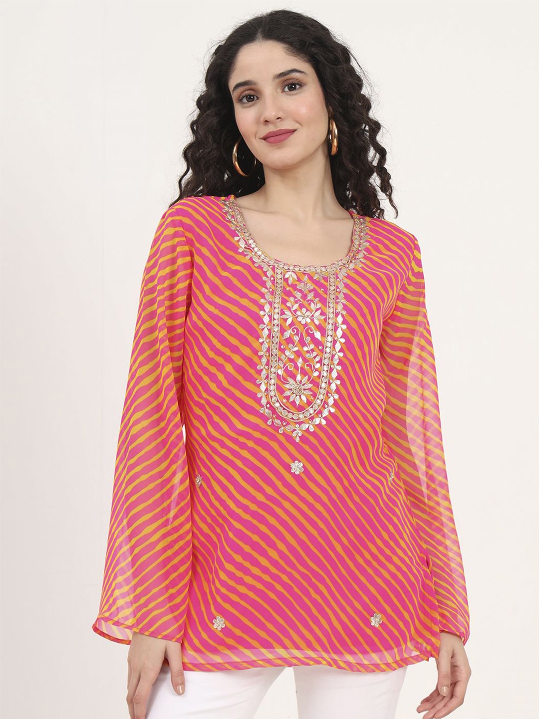

KALINI Print Bell Sleeve Georgette Top, Pink