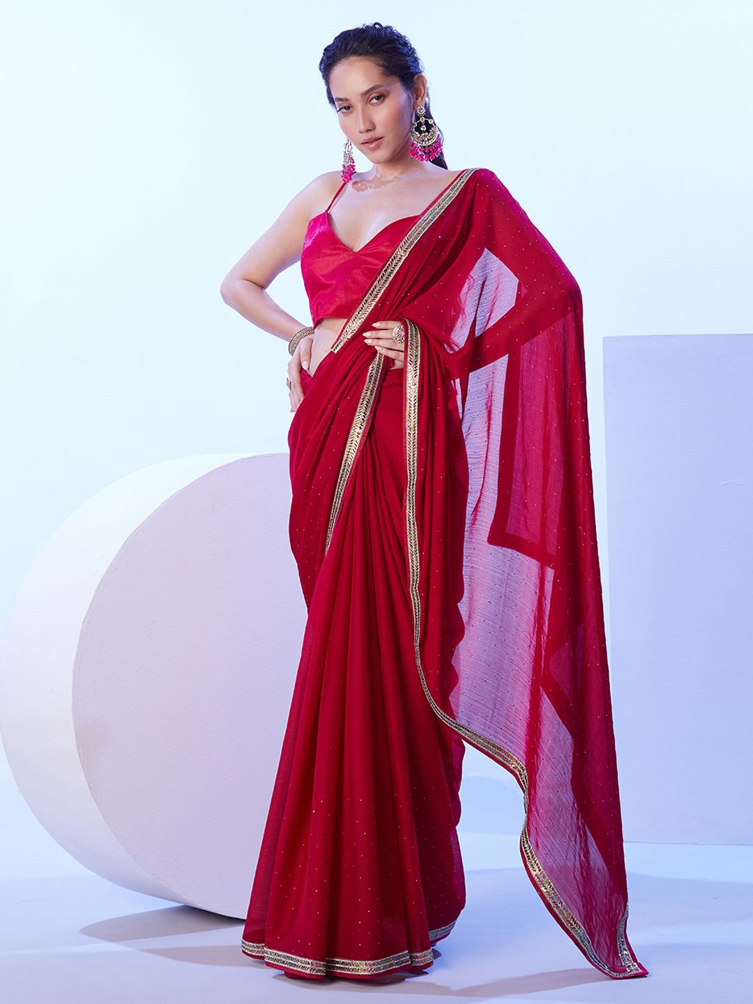 

Kalista Embellished Beads and Stones Pure Chiffon Saree, Red