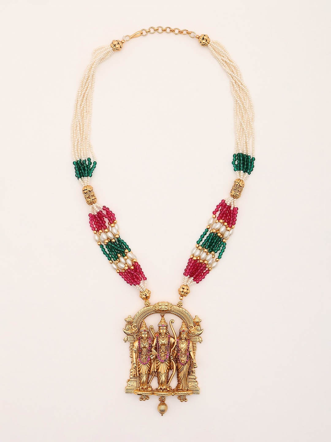 

Exotic India Stone Studded and Beaded Ram Darbar Long Necklace Set with Earrings, Gold