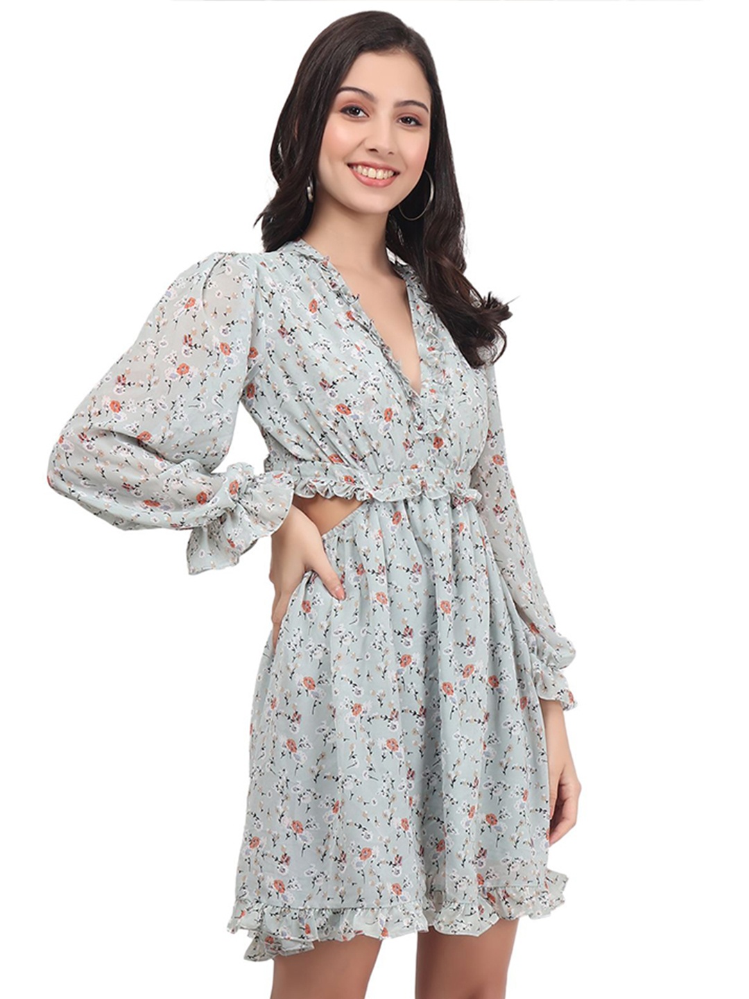 

AUDRAPE Floral Print Puff Sleeve Georgette Fit & Flare Dress, Pink