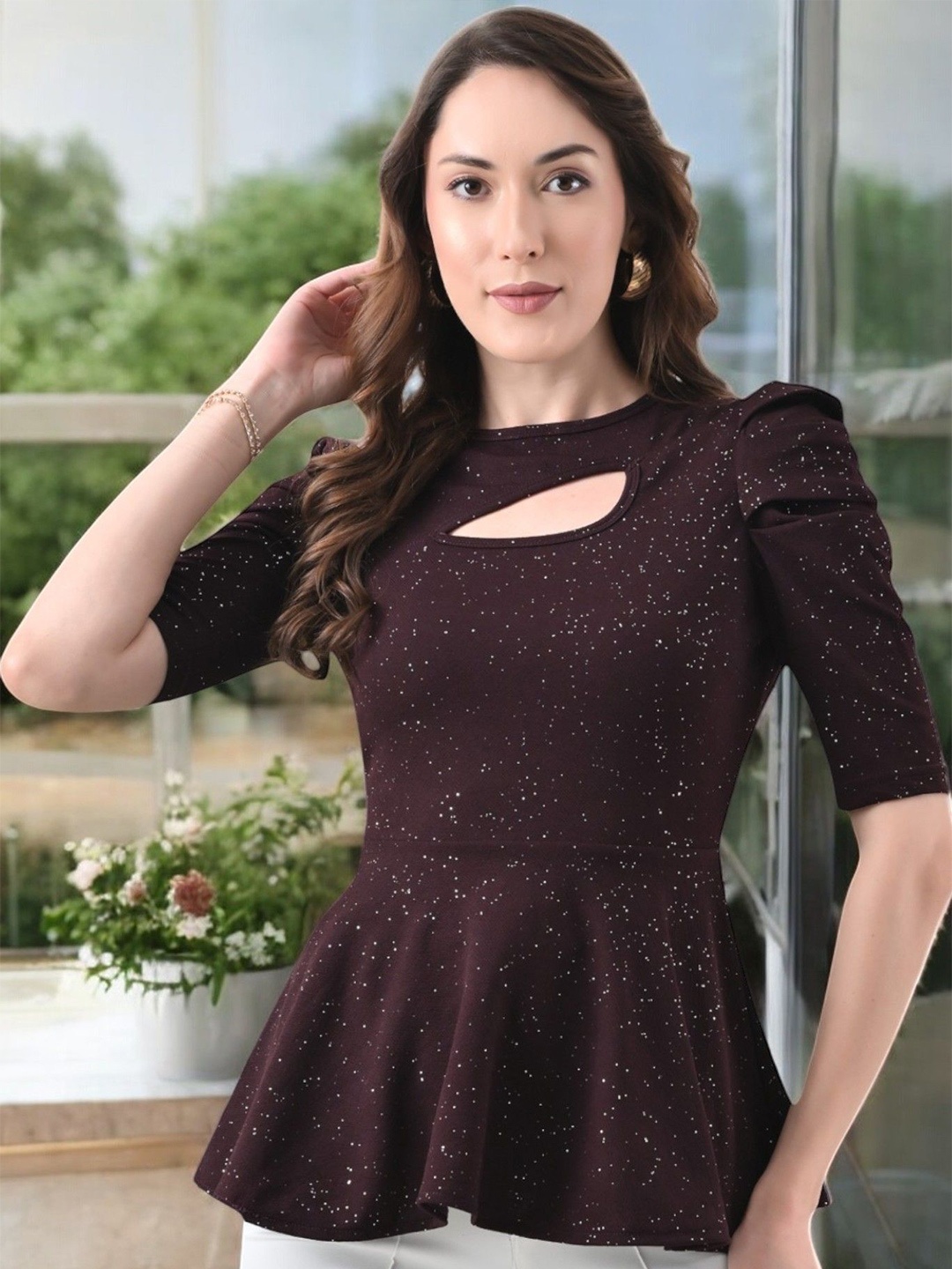 

Arbiter Collection Wmen Puff Sleeve Peplum Top, Purple