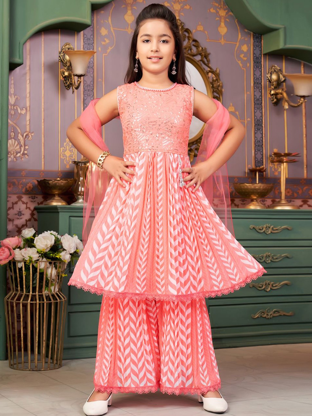 

Sangria Girls Geometric Printed Georgette Sequined Kurta With Sharara And Dupatta Set, Pink