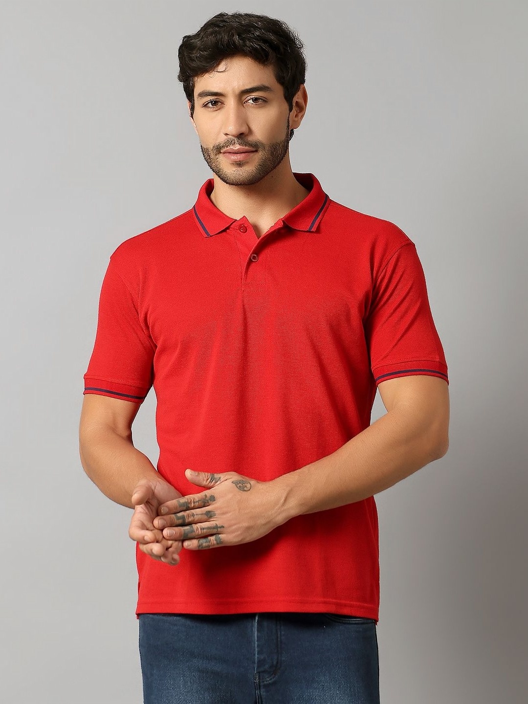 

AUXAMIS Men Polo Collar Pockets T-shirt, Red