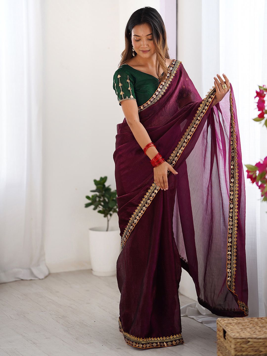 

Mitera Embroidered Pure Chiffon Saree, Purple
