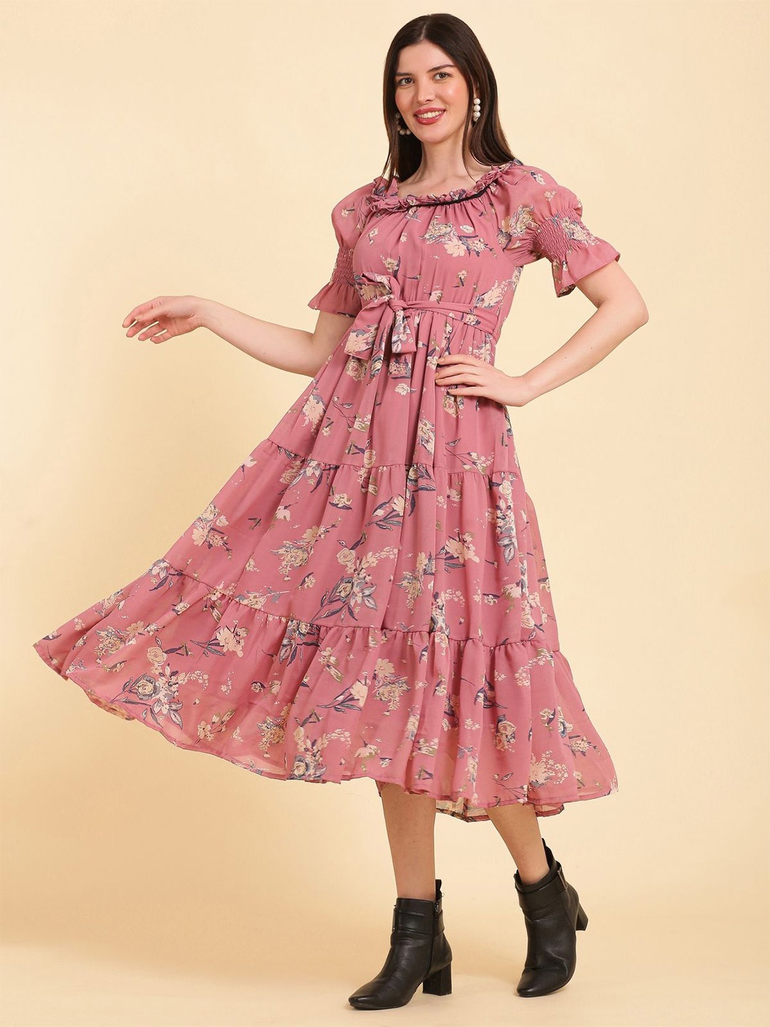

NOUN Floral Print Georgette Fit & Flare Midi Dress, Pink