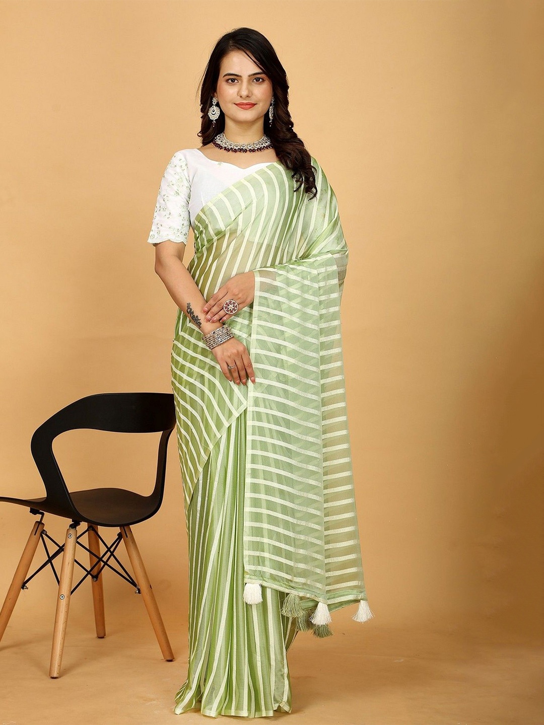 

K 5 Fashion Striped Art Silk Saree, Green