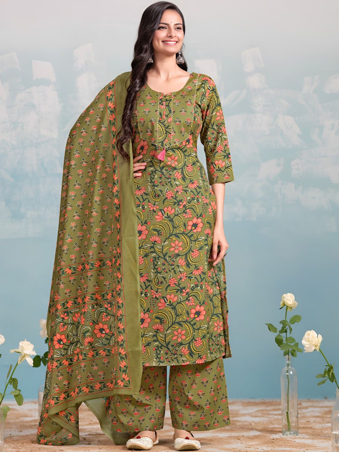 

Varanga Women Floral Printed Regular Kurta with Trousers & With Dupatta, Yellow