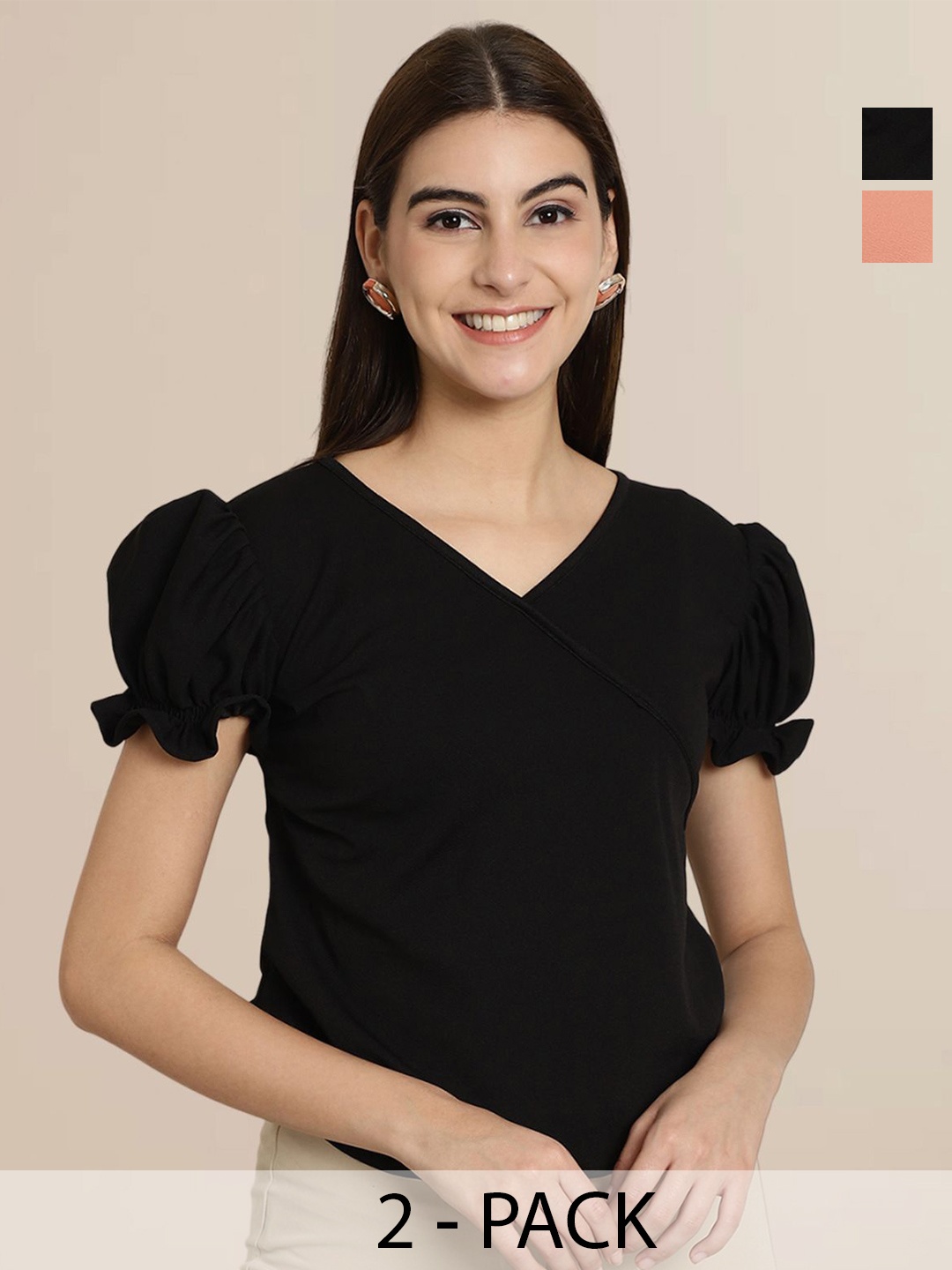 

Tromko Women Pack Of 2 Puff Sleeve Top, Black