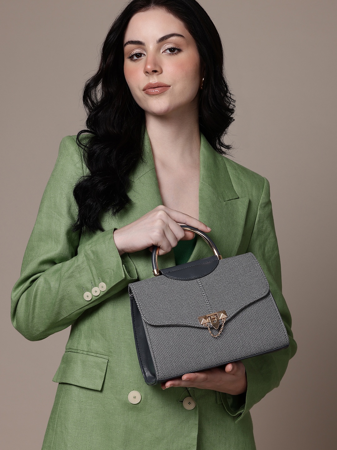 

French Connection Striped Satchel Bag, Grey