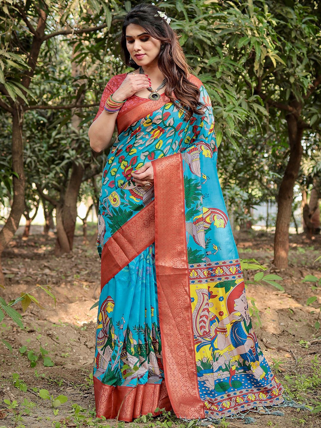 

DIVASTRI Kalamkari Zari Kanjeevaram Saree, Blue