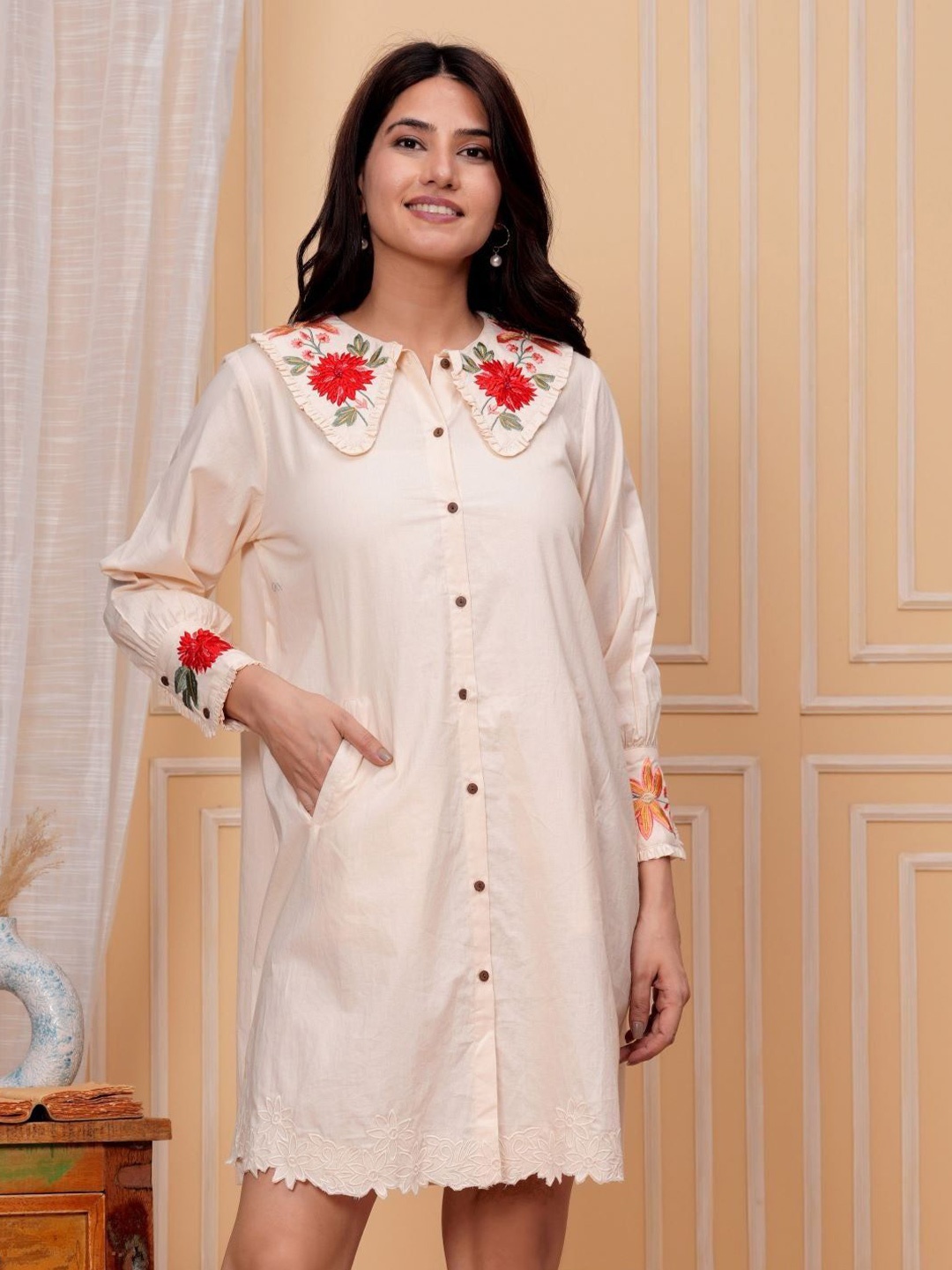

FREYAA Floral Embroidered Cotton Peter Pan Collar A-Line Ethnic Dress, Beige
