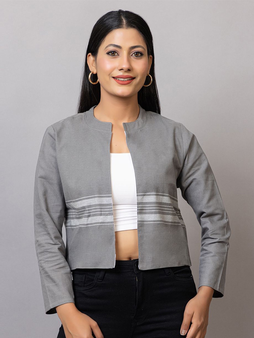 

PROBASIC Print Cotton Denim Styled Back Crop Top, Grey
